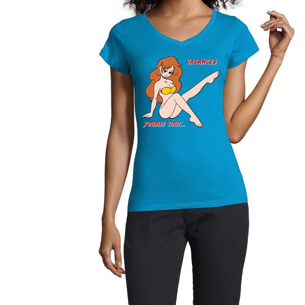 T-shirt Femme col en V : J'oublie tout... vacances
